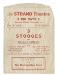 Unique Three Stooges' Promotional Items From 1940, Advertising Their Performance at the Strand Theatre -- Paper Bag Measuring 6'' x 8'' & Napkin Measuring 7'' x 6.75'' -- Very Good